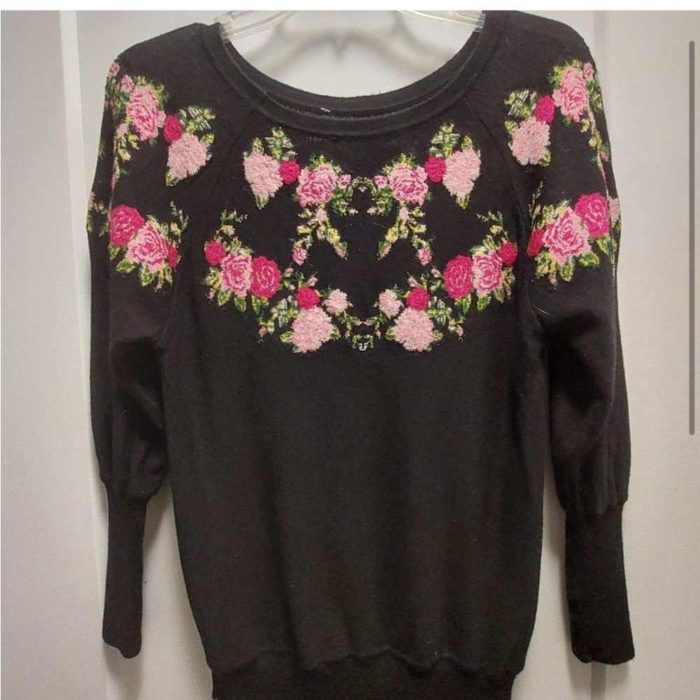 VTG WoolBlend Black Long Sleeve Knit Sweater W/Multi-Floral Embroidery-EUC Sz S - Picture 11 of 16